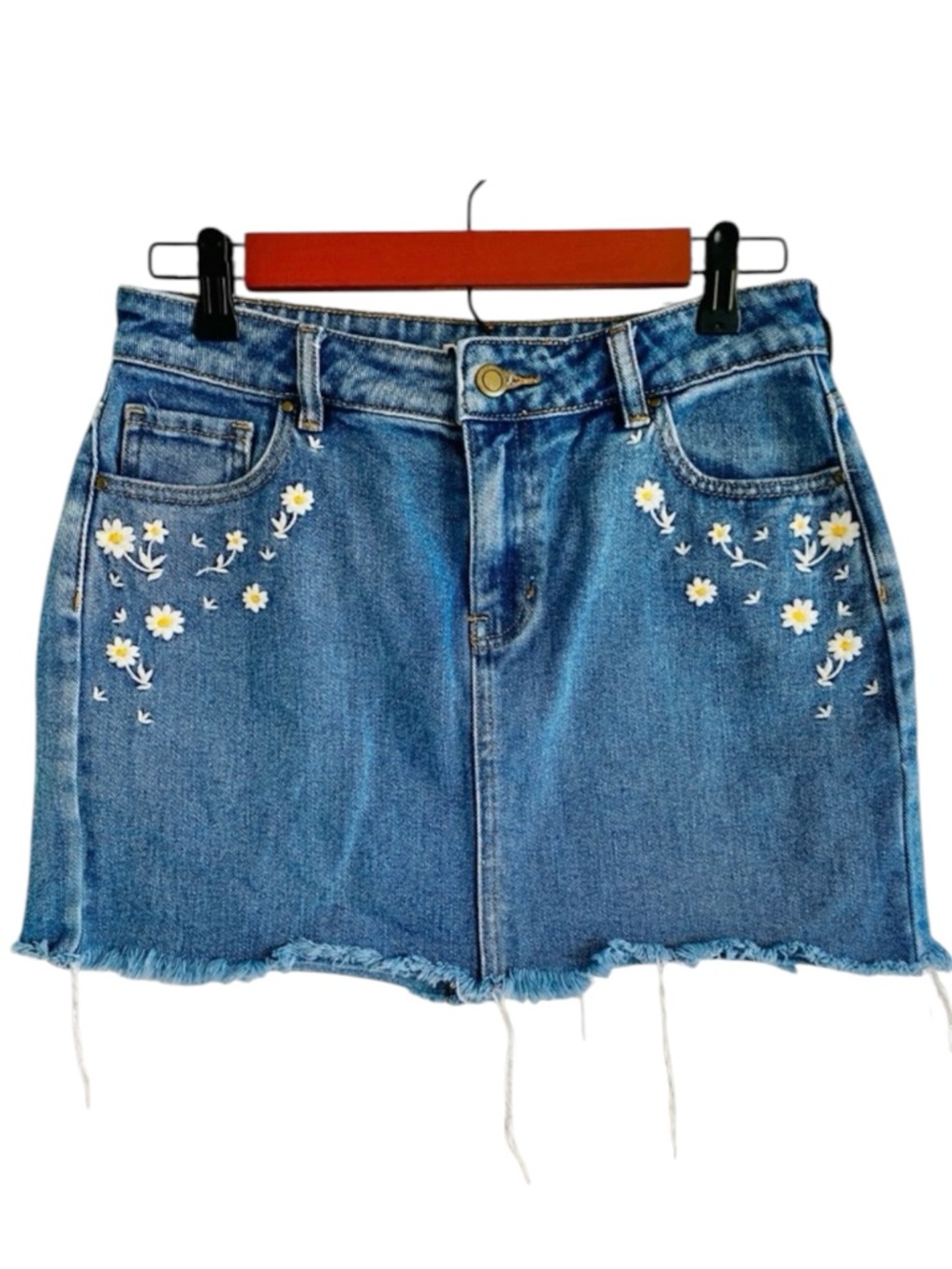 Lottie Moss Skirt Mini Denim Daisy Ditsy Floral Embroidered SZ 27 Blue Jeans 90s